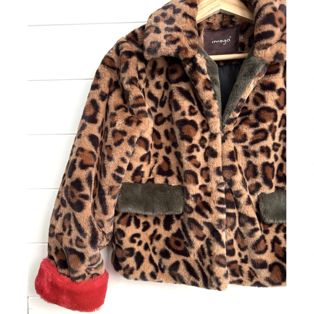 IMOGA Emma Leopard Faux Fur Coat Girls Size 10 Animal Print Jacket Red Trim